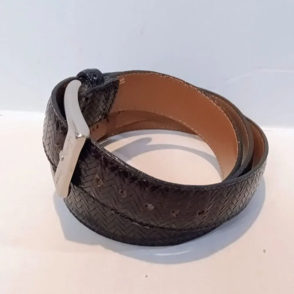 Bobby Jones Embossed Leather Belt-Size 38-Black-Herringbone-Brass Buckle